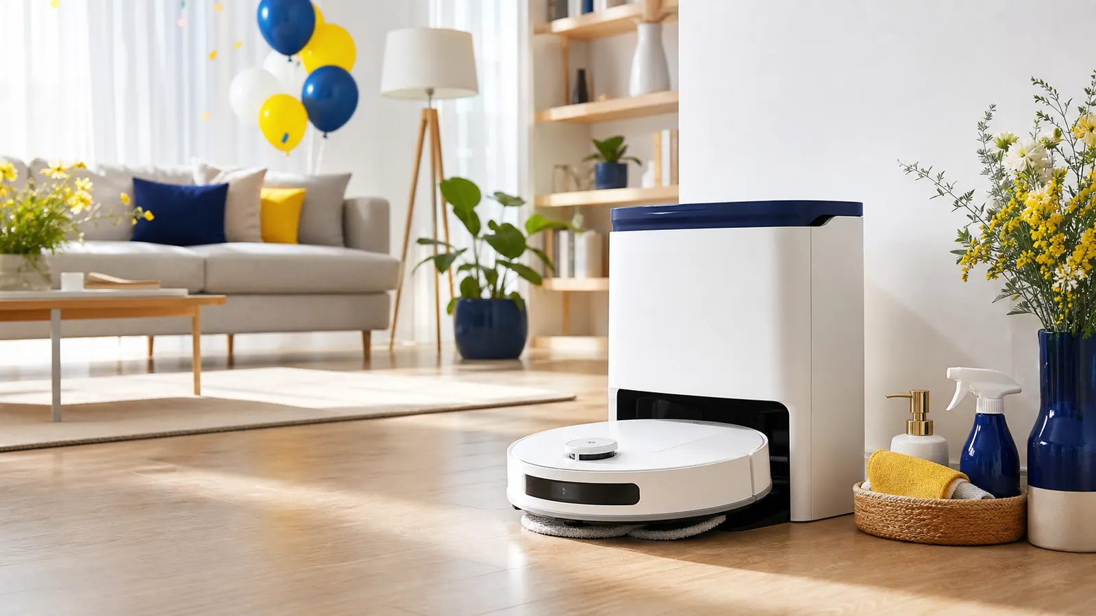 Robot aspirateur laveur avec station dans un salon décoré pour les 80 ans de Starwax