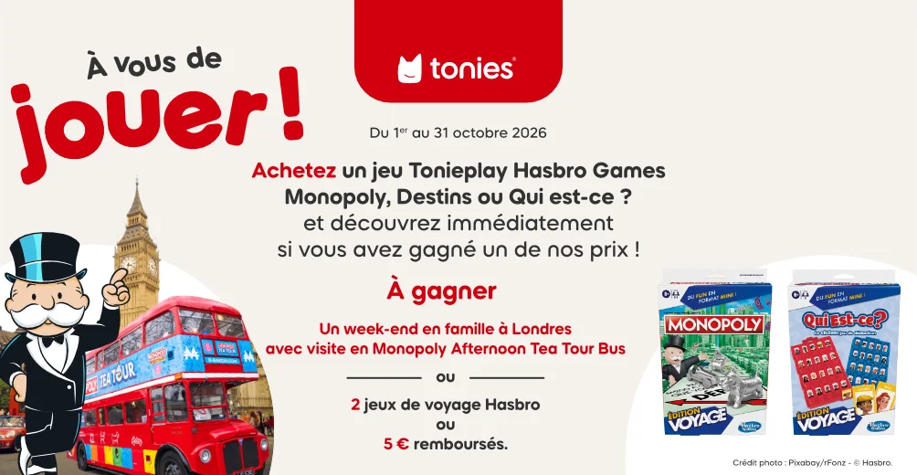 Concours Tonies Hasbro avec un week-end familial à Londres, des jeux de voyage et des remboursements à gagner