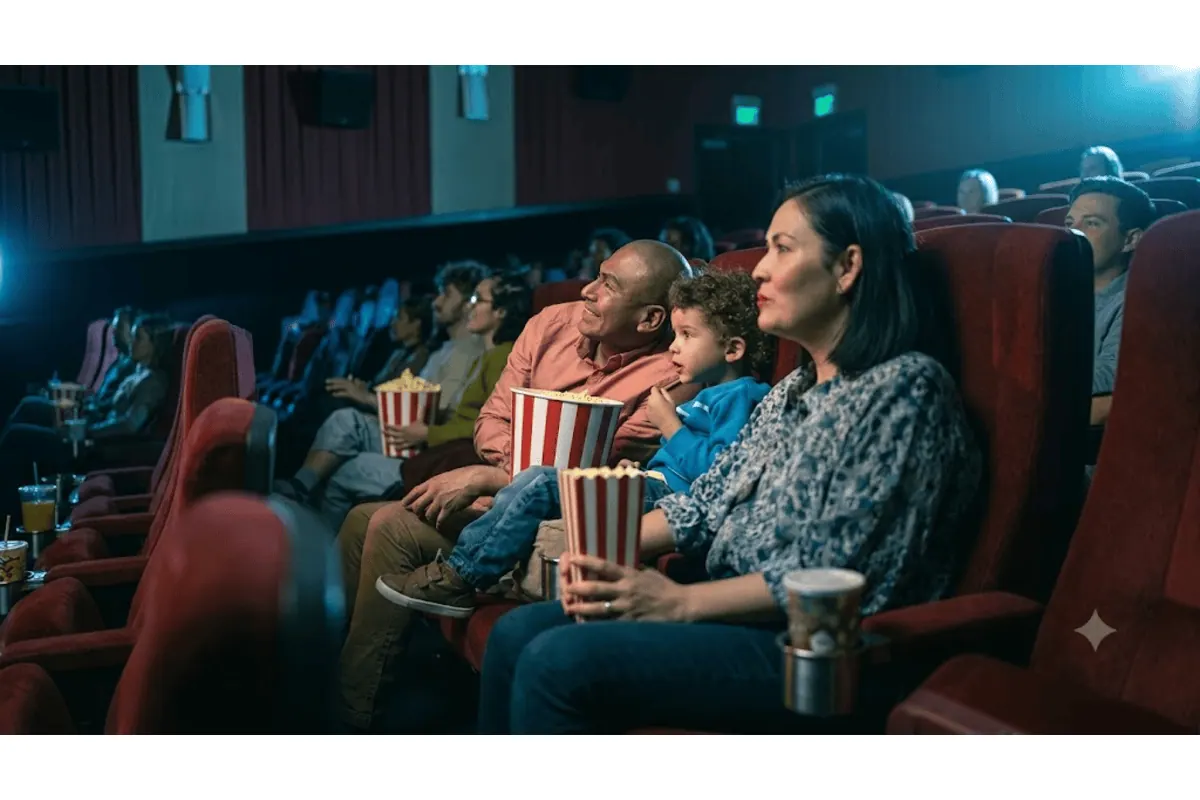 Famille au cinéma : papa avec son enfant et maman avec popcorn rouge et blanc, ambiance détente pour le concours fête des pères Unéo × Skyrock PLM