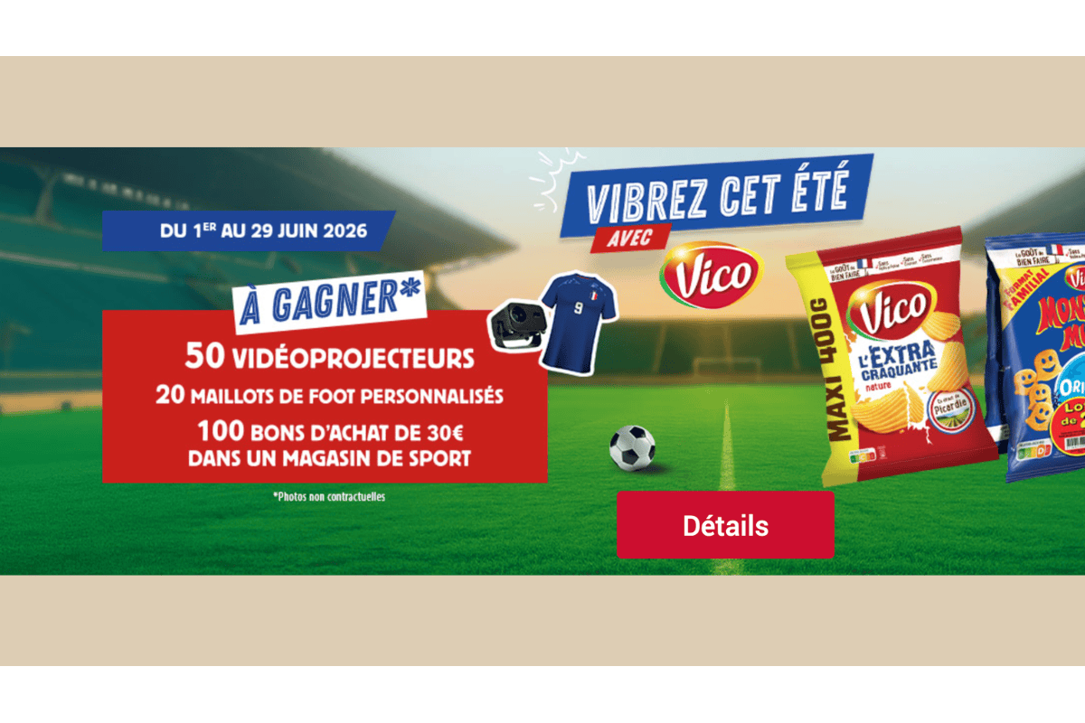 Concours Vico x Carrefour 2026 Vibrez cet été 50 vidéoprojecteurs 100 bons sport 20 maillots foot personnalisés terrain