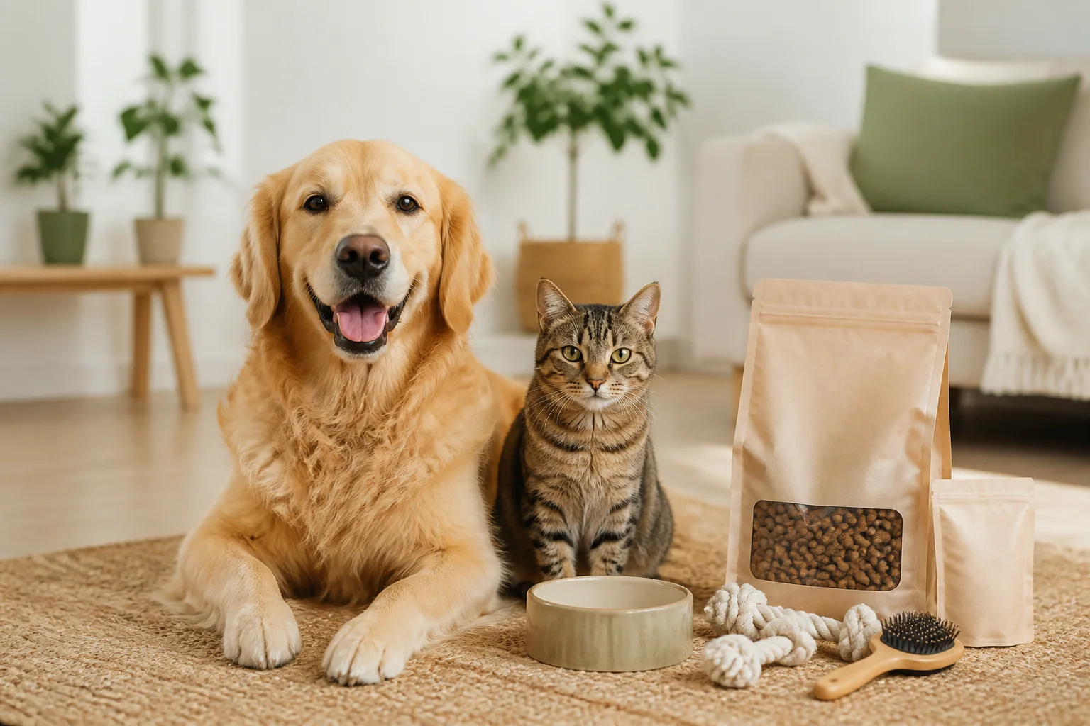 Chien Golden Retriever et chat tigré avec croquettes, gamelle, jouet et brosse pour illustrer les tests ConsoAnimo
