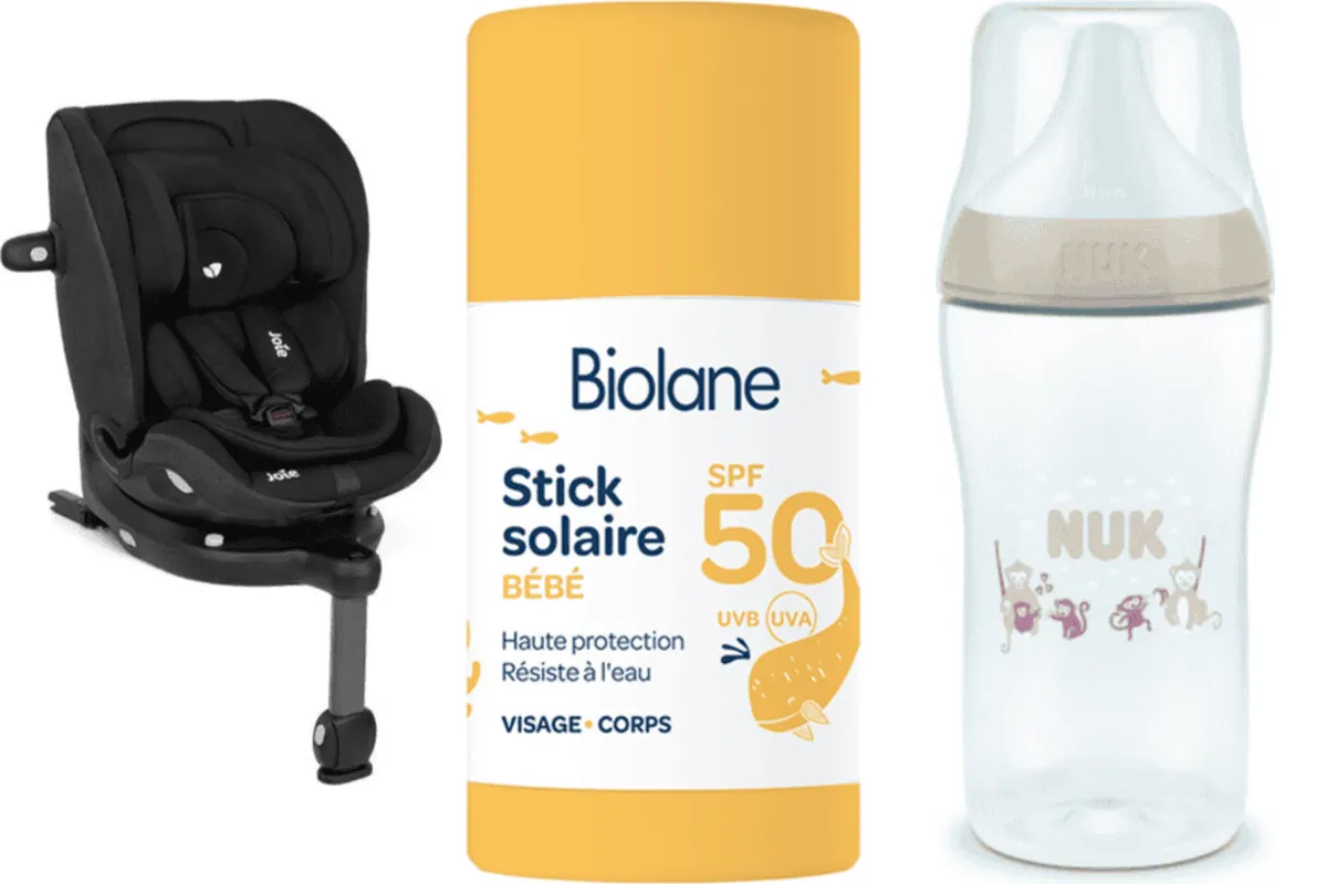 Trois produits bébé testés via ConsoBaby : siège auto Joie i-Spin 360 Max, stick solaire Biolane SPF 50 et biberon NUK Perfect Match