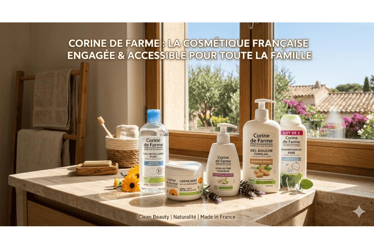 Corine de Farme gamme produits eau micellaire crème bébé soin intime gel douche shampoings salle de bain fenêtre olivier