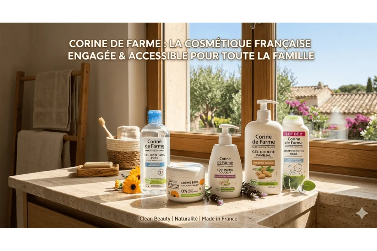 Corine de Farme gamme produits eau micellaire crème bébé soin intime gel douche shampoings salle de bain fenêtre olivier
