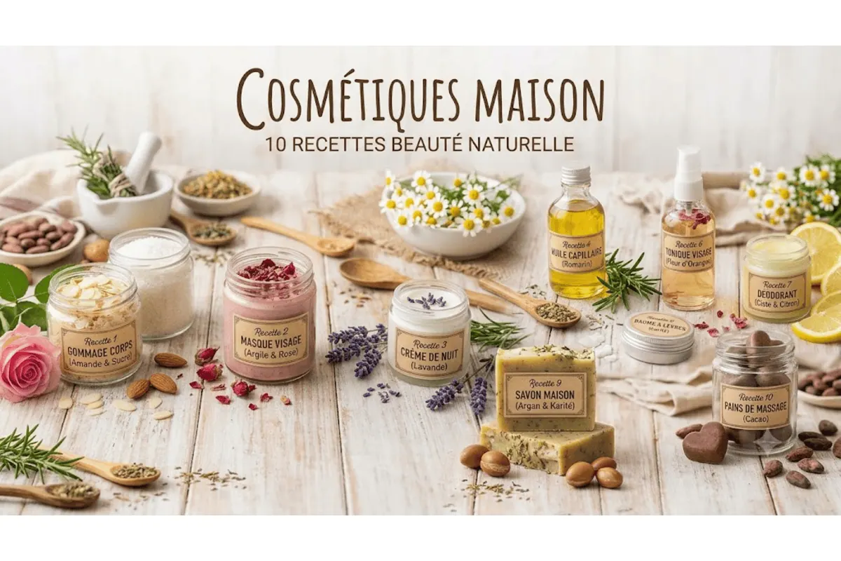 Cosmétiques maison 10 recettes naturelles ingrédients huile coco beurre karité argile miel avocat pots verre bois blanc rose lavande