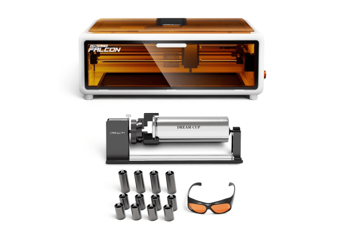 Creality Falcon A1 accessoires bonus rouleau cylindrique Dream Cup rotation gravure tasse mug bouteille verres lunettes protection laser orange