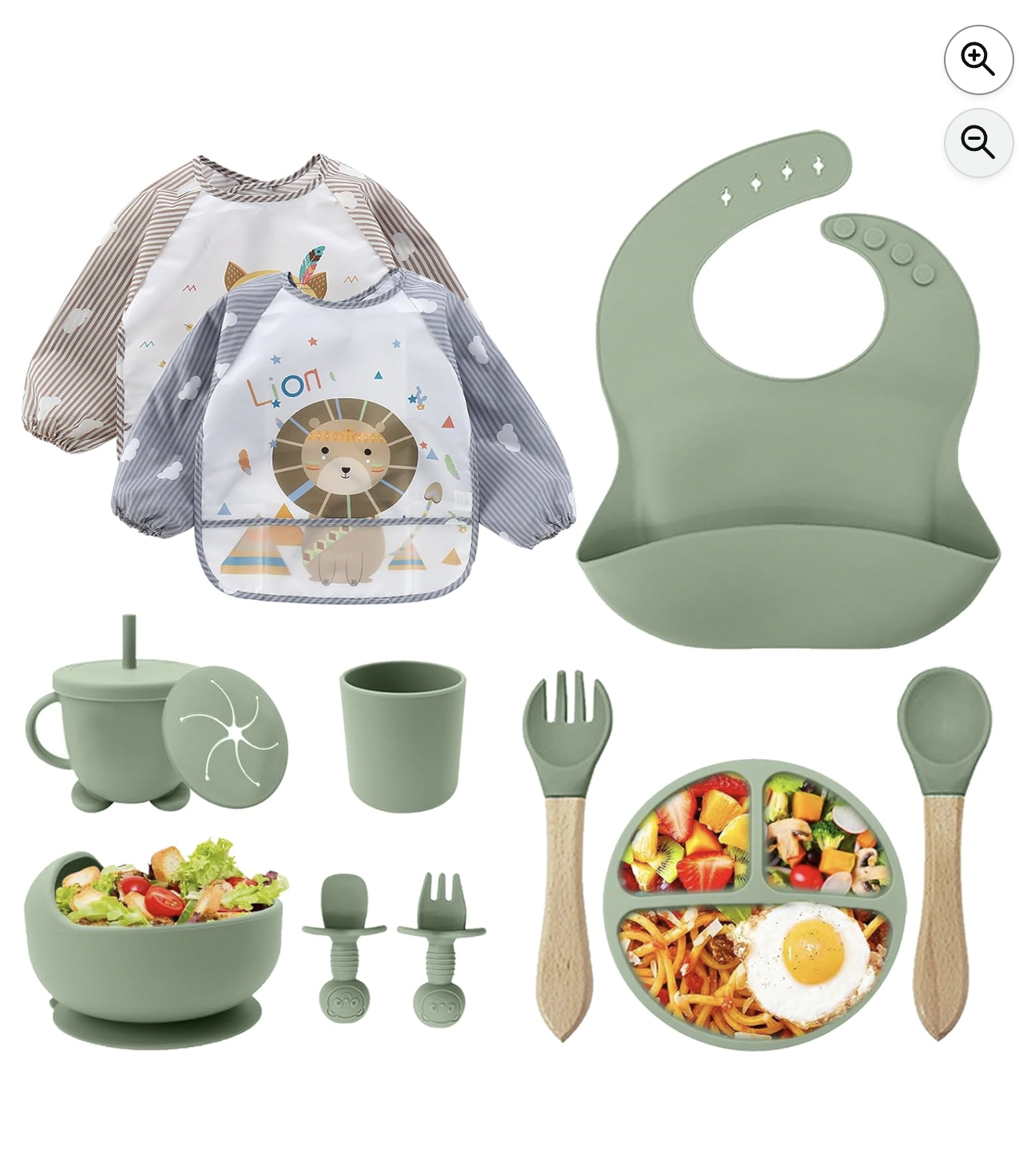 Set repas bébé CUBTEM 12 en 1 vert avec bavoirs, assiette ventouse et couverts