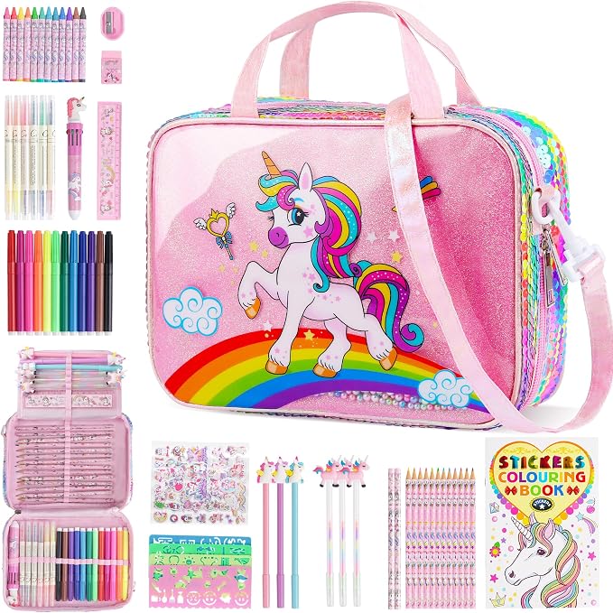 Sac licorne rose D-FantiX avec feutres, crayons, stylos, pochoirs et cahier de coloriage