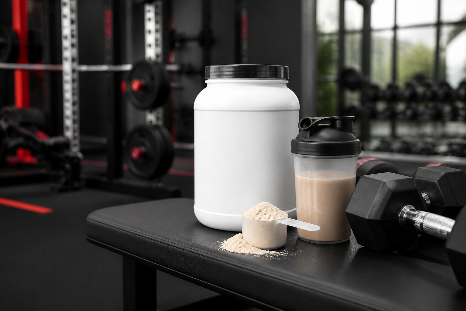 Whey protéinée, shaker et accessoires de sport présentés pour un avis sur EAFIT