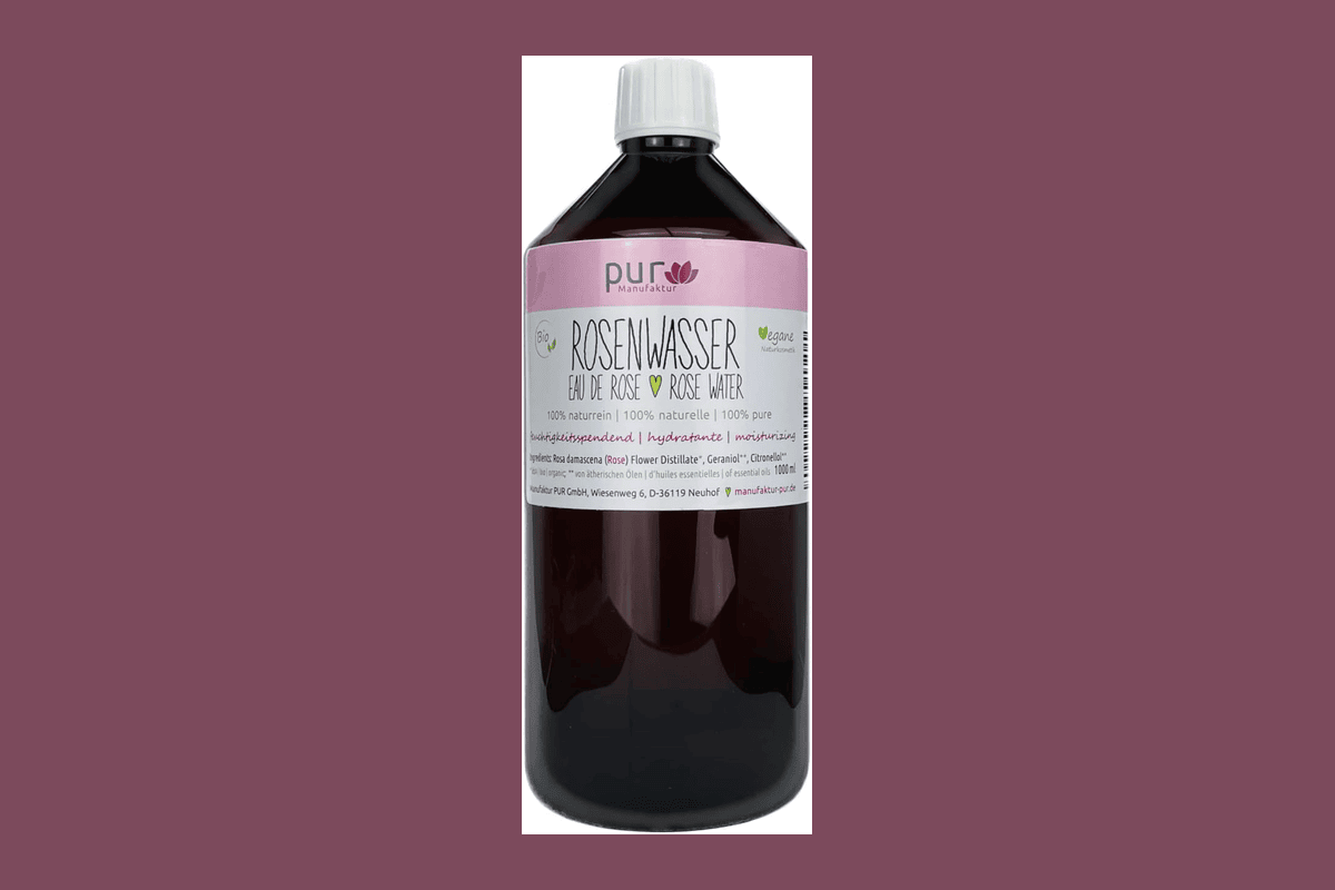 Manufaktur Pur eau de rose allemande hydrolat 100% pur sans alcool sans conservateur fabrication contrôlée peaux ultra-sensibles atopiques réactives verre foncé 250ml minimaliste
