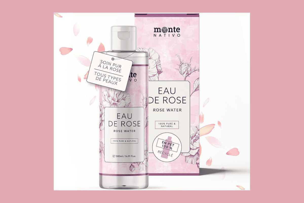 Monte Nativo eau de rose bulgare 500ml pure naturelle acide hyaluronique format grand économique prix accessible débutantes tester routine visage cheveux corps
