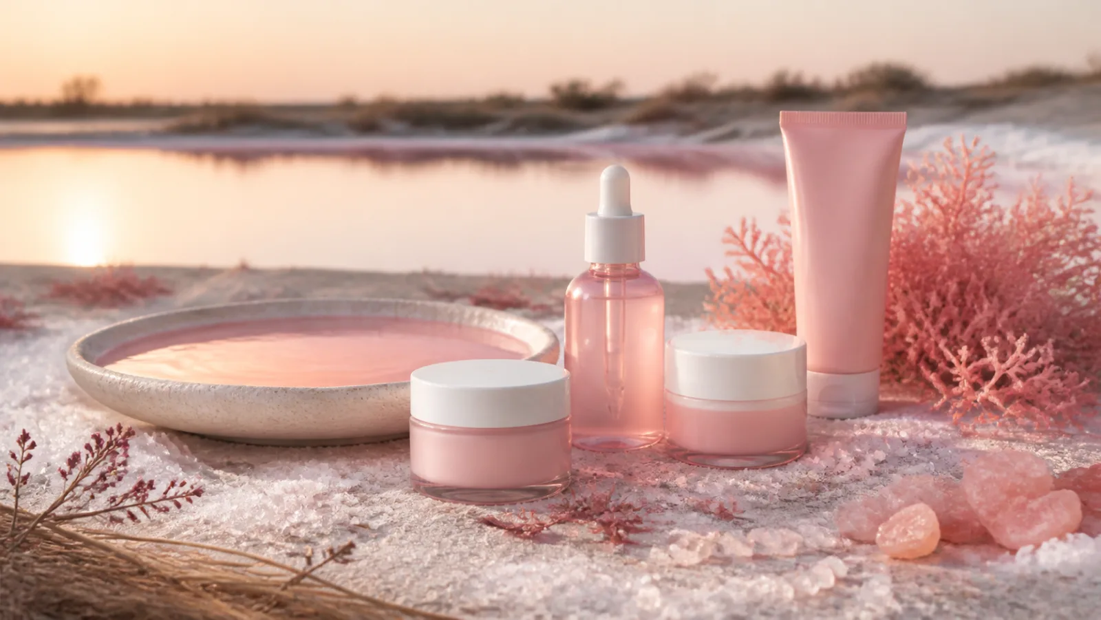 Soins roses sans marque dans un décor inspiré des salins de Camargue