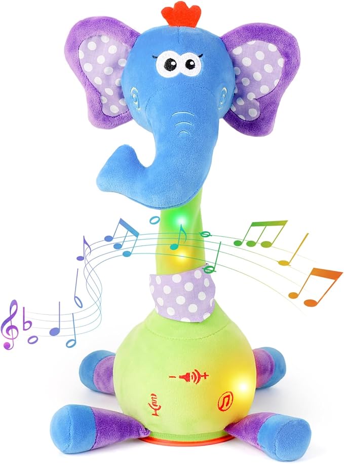 Éléphant Edencomer bleu aux oreilles violettes à pois et au corps vert lumineux avec boutons musicaux