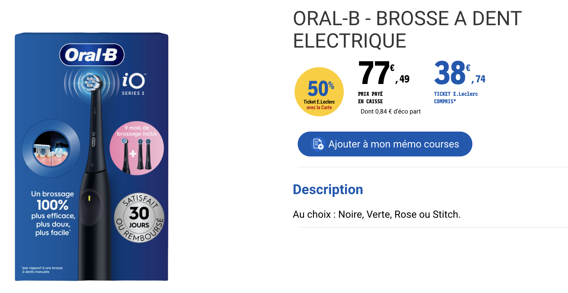 Brosse à dents électrique Oral-B iO Series 2 avec 50 pour cent en Tickets E.Leclerc