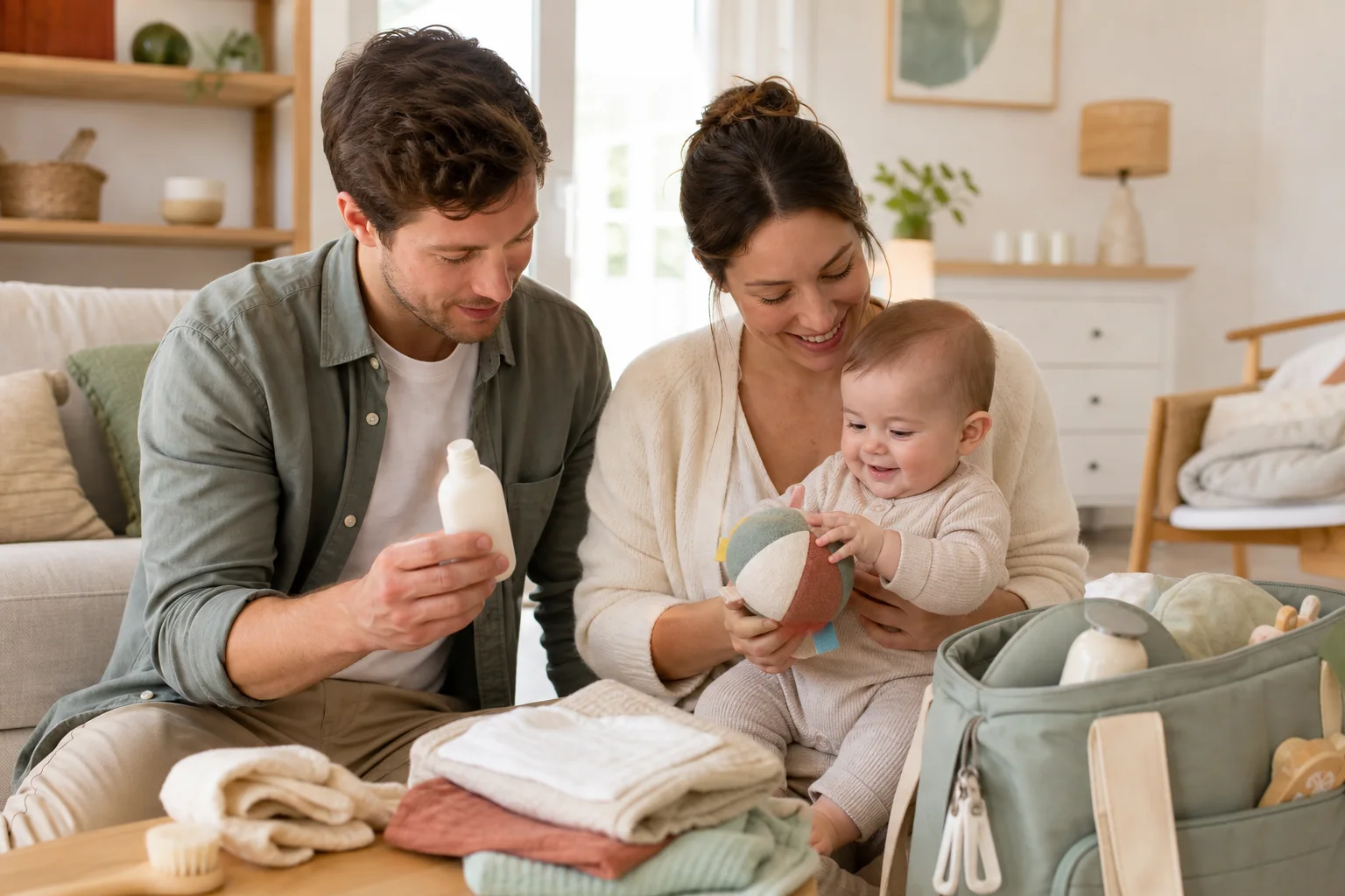 Parents avec leur bébé testant des produits de soin, un jouet d'éveil et des accessoires de puériculture
