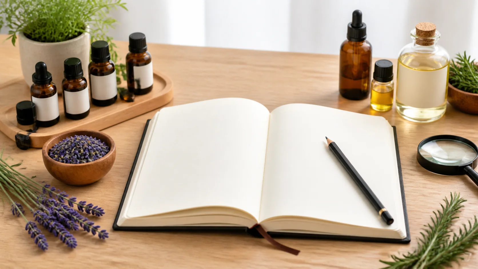 Guide ouvert, flacons ambrés et plantes pour découvrir l'aromathérapie