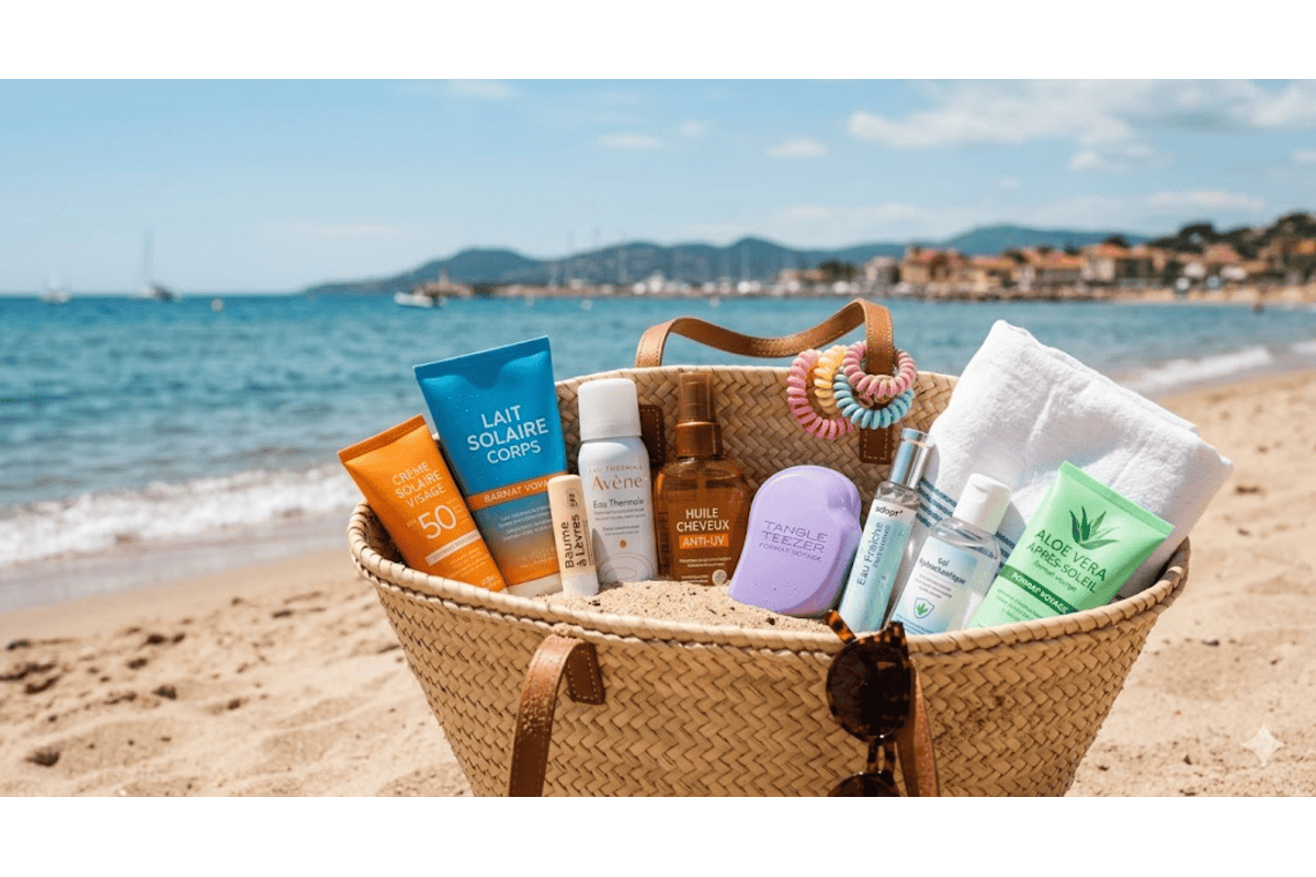 Panier paille sac de plage Avène Lancaster Tangle Teezer aloe vera baume lèvres serviette mer turquoise voiliers