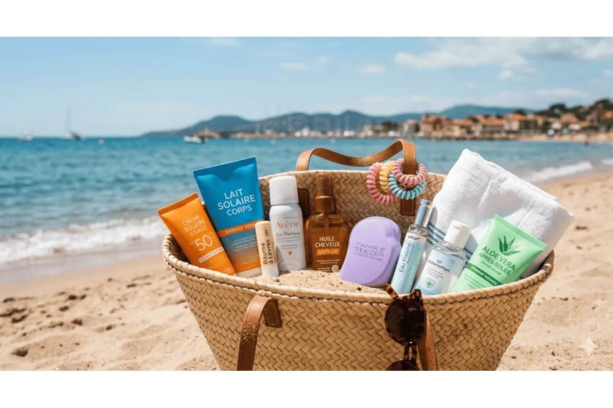 Panier paille sac de plage Avène Lancaster Tangle Teezer aloe vera baume lèvres serviette mer turquoise voiliers
