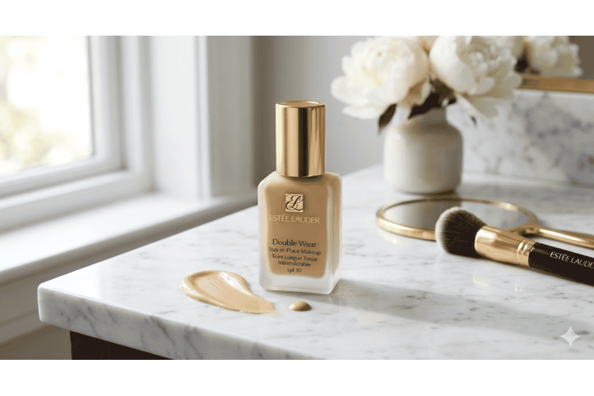 Estée Lauder Double Wear Stay-in-Place Makeup flacon verre bouchon doré pinceau marbre pivoines blanches