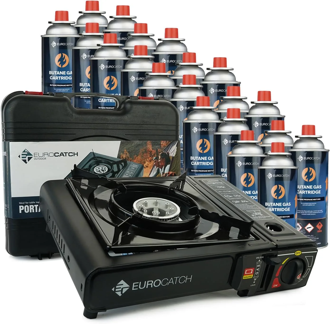Kit Eurocatch avec réchaud de camping, mallette et 20 cartouches de gaz