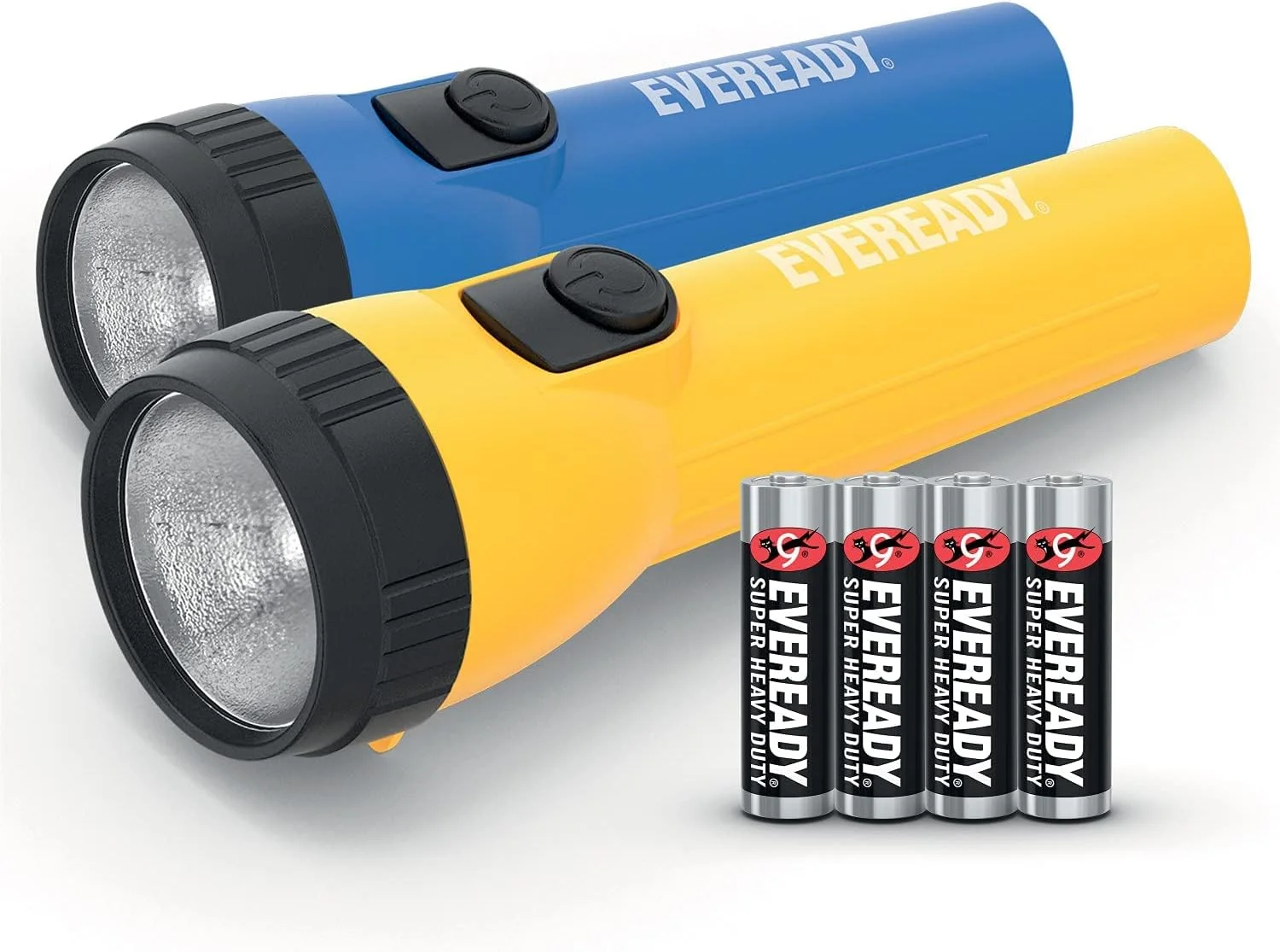 Lot de deux lampes torches LED EVEREADY bleue et jaune avec quatre piles AA