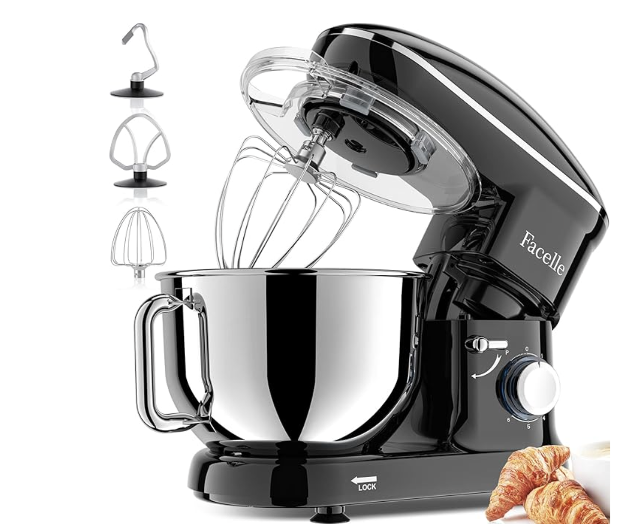 Robot pâtissier Facelle 2000W noir avec bol inox 6,2L et accessoires