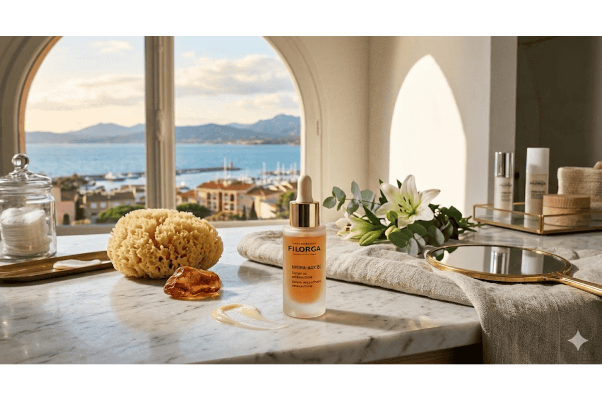 Filorga Hydra-AOX sérum flacon ambré pompe dorée éponge naturelle ambre lys blancs marbre vue mer baie