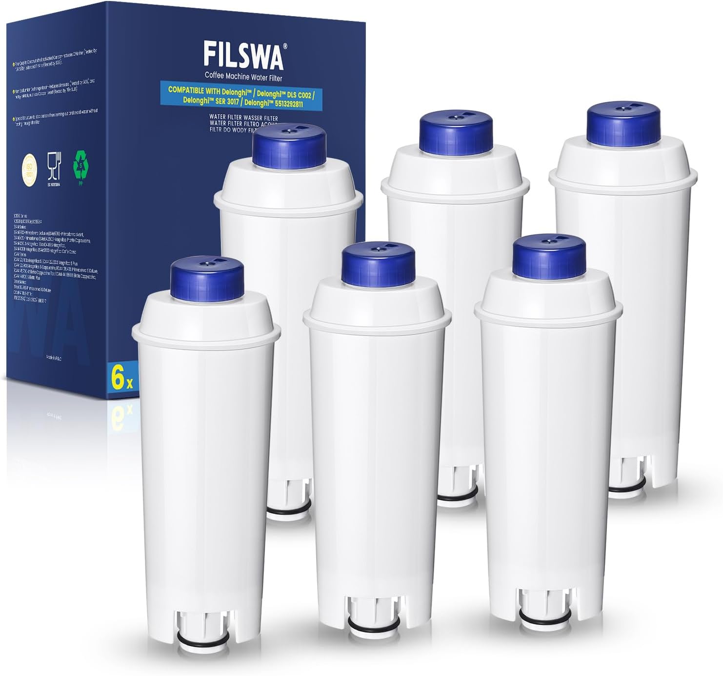 Lot de six filtres à eau FILSWA compatibles avec les machines De'Longhi