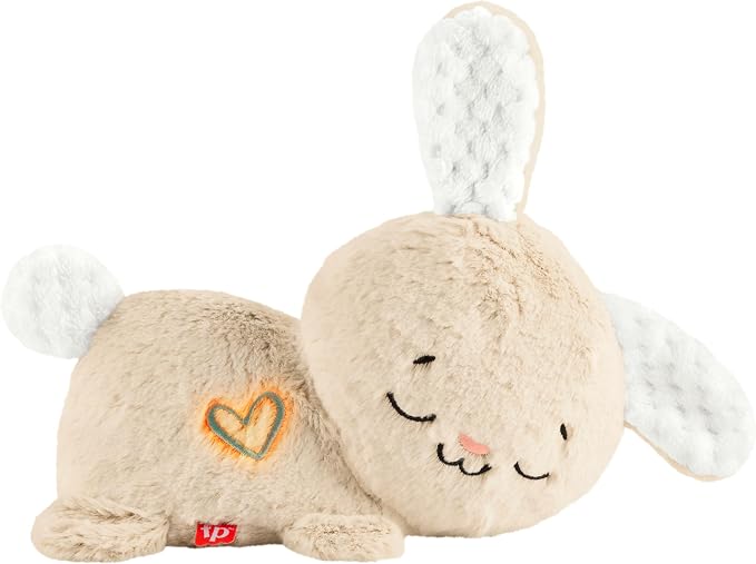 Peluche lapin Fisher-Price beige aux yeux fermés avec cœur lumineux sur le côté