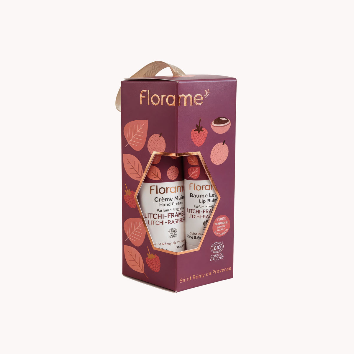 Coffret Florame litchi framboise avec crème pour les mains et baume à lèvres