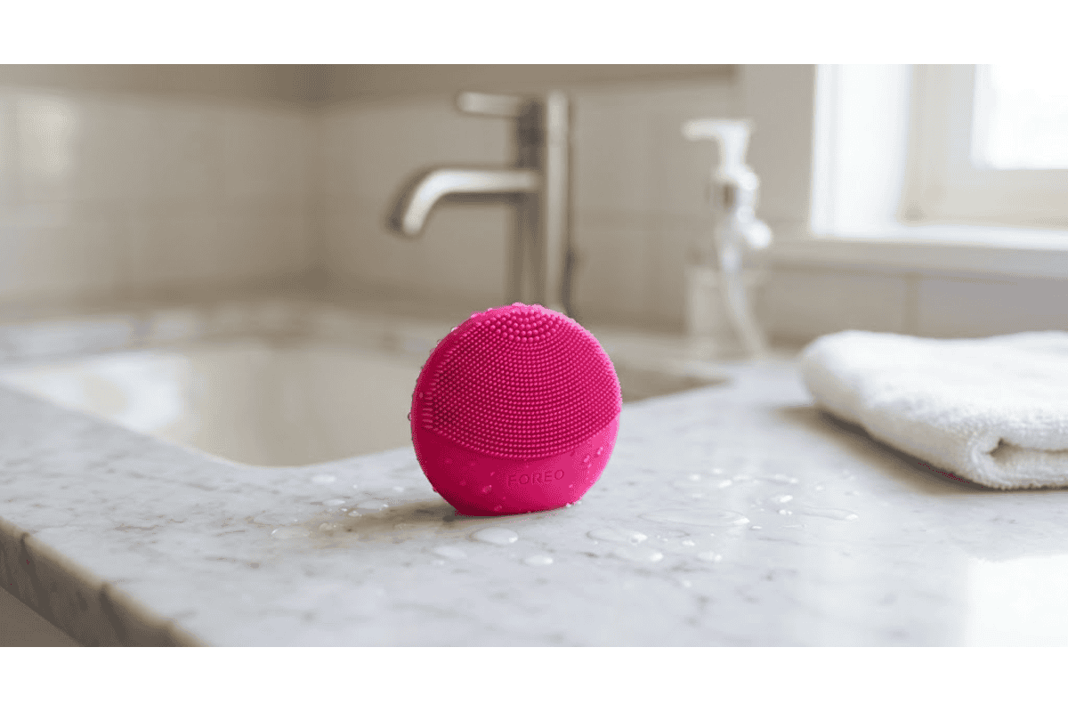 Foreo Luna Play Plus 2 brosse silicone rose fuchsia salle de bain marbre robinet serviette blanche eau
