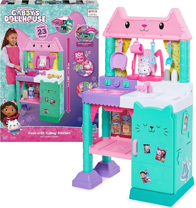 Cuisine géante Gabby de P’tit Chou rose et turquoise, avec réfrigérateur, évier, accessoires et boîte