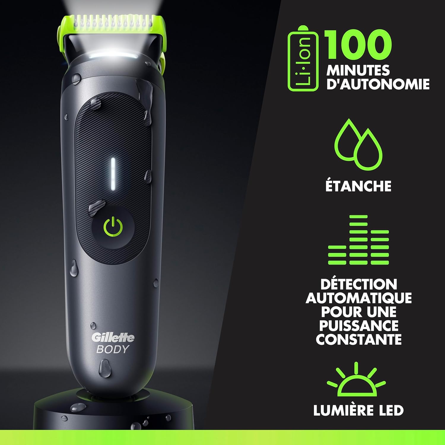 Autonomie 100 minutes, étanche, détection automatique, lumière LED
