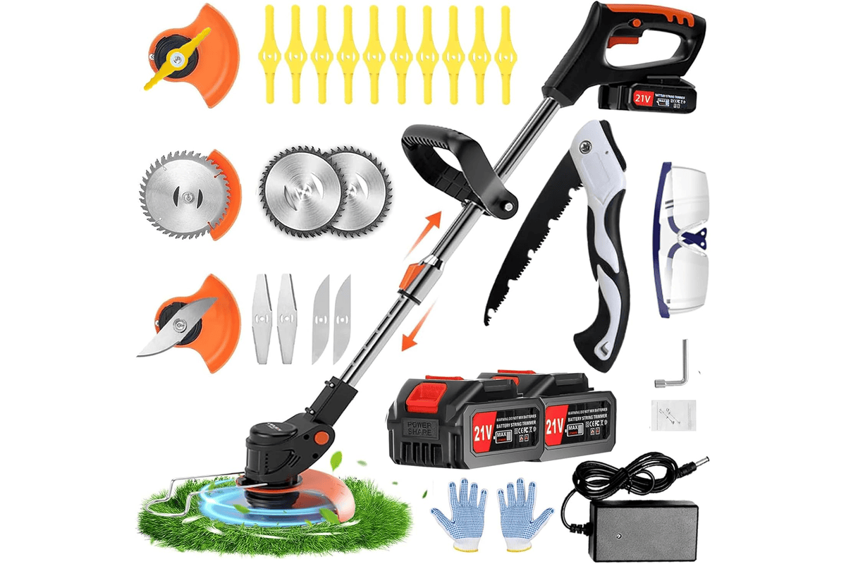 Ginzyaiy débroussailleuse électrique sans fil 2 batteries 21V 2.0Ah 3 lames coupe bordure jardin manche télescopique chargeur gants
