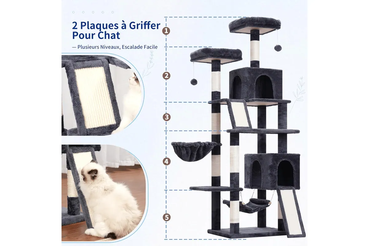Arbre à chat Gitelsnour 180 cm gris foncé tour 2 griffoirs 7 poteaux sisal 2 perchoirs 2 lits peluche hamac fixation murale
