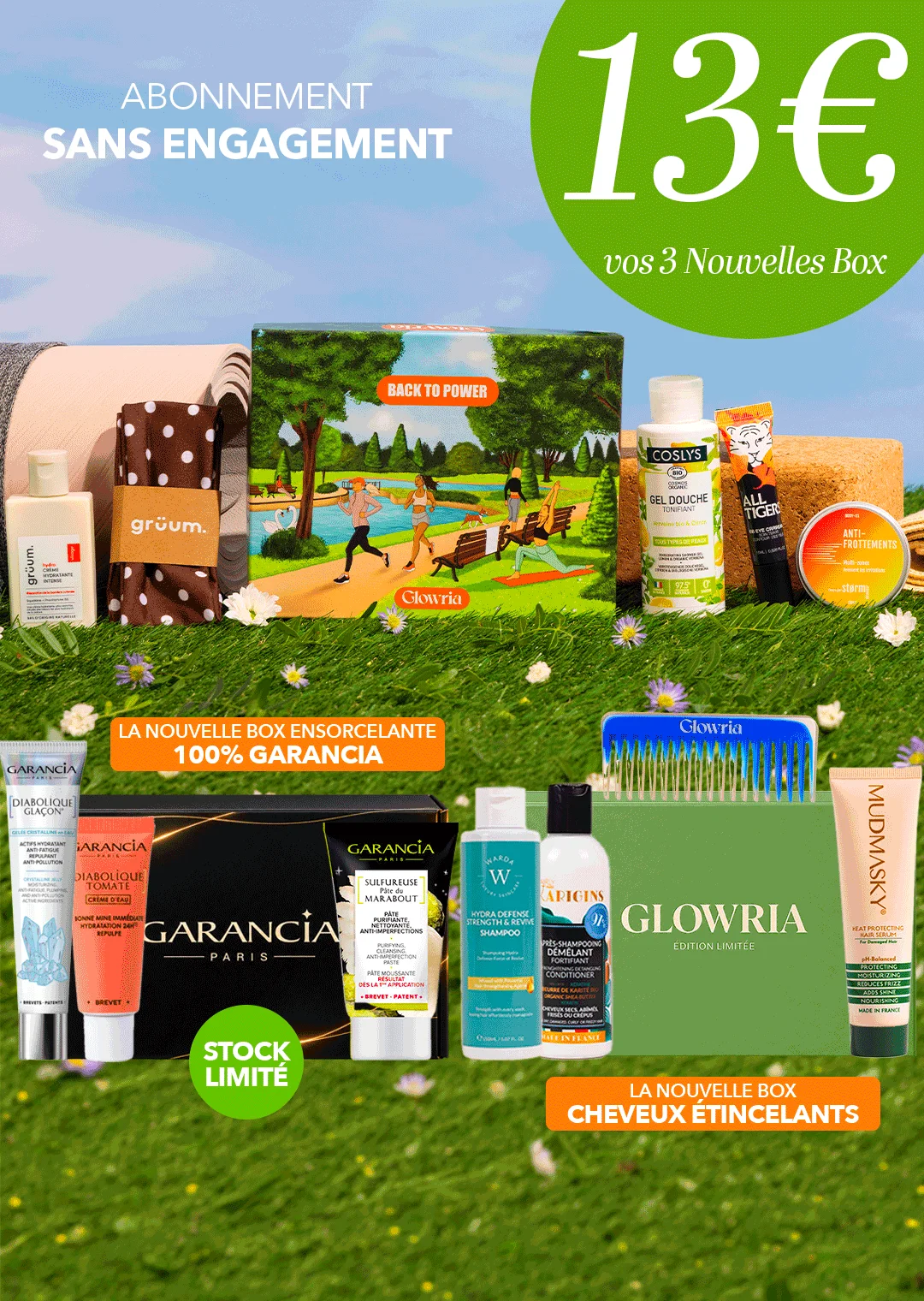 Offre Glowria avec trois box beauté et douze produits dont un coffret Garancia pour 13 euros