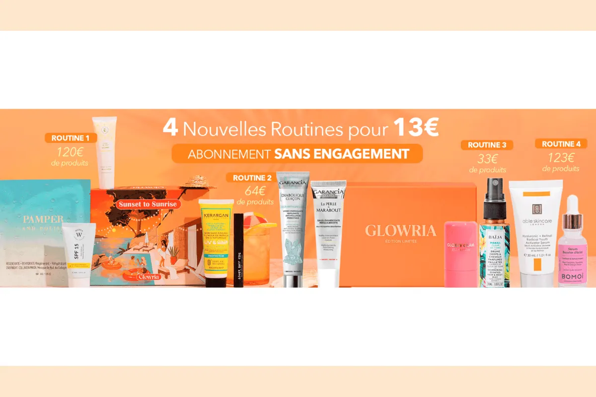 Glowria 4 Nouvelles Routines pour 13 euros sans engagement 11 produits valeur 349 euros Sunset to Sunrise Garancia Baïja Able Skincare Warda