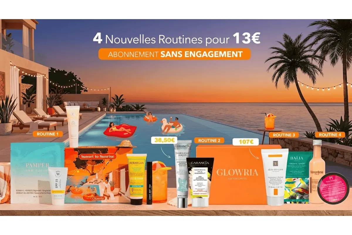 Glowria 4 nouvelles routines beauté à 13 euros sans engagement box Sunset to Sunrise Garancia Able Skincare Baija Blancrème 11 produits valeur 303 euros juillet 2026