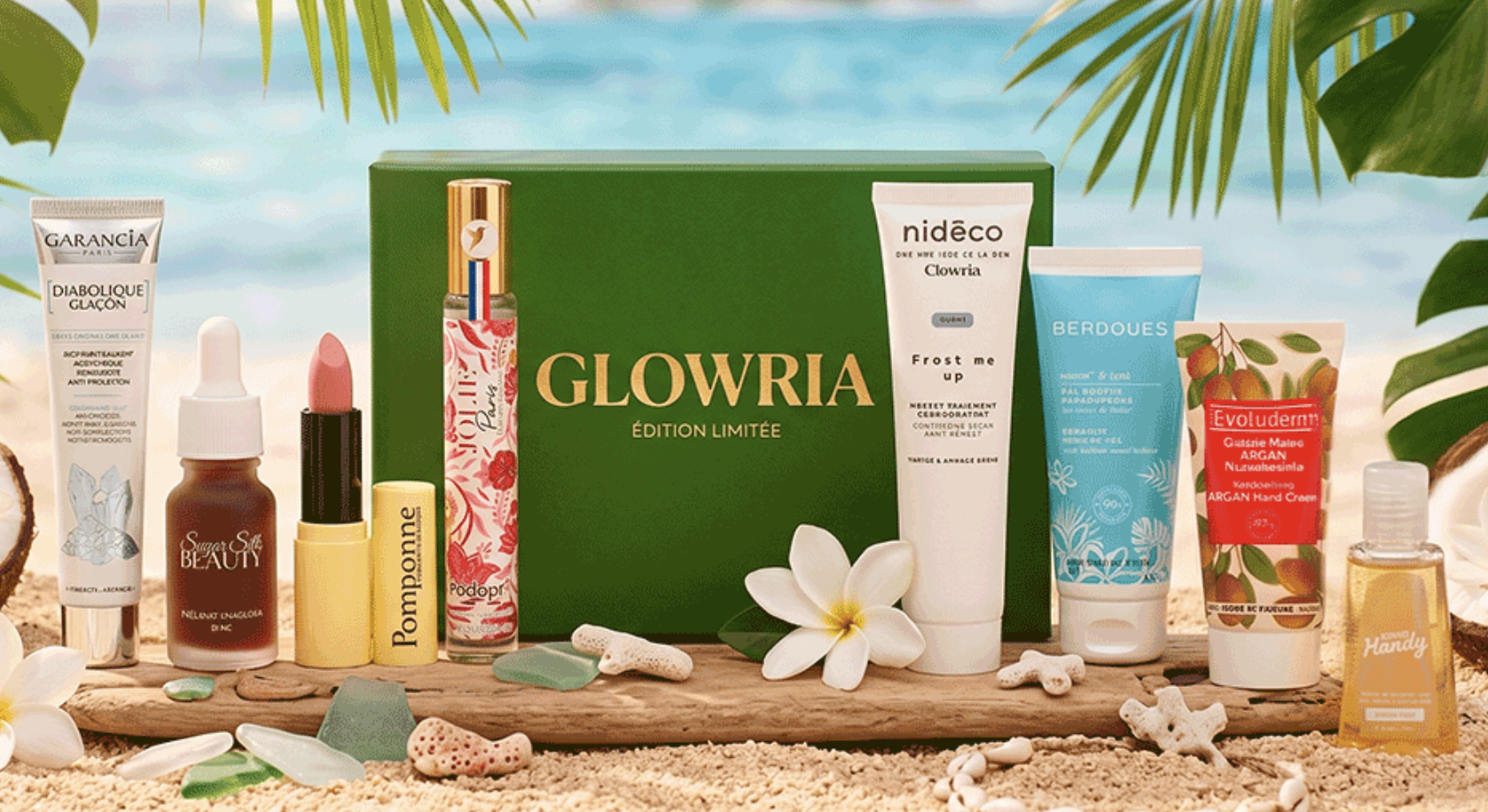 Les produits officiels des cinq routines Glowria avec Garancia, Pomponne, Adopt, Nidéco, Berdoues, Evoluderm et Merci Handy
