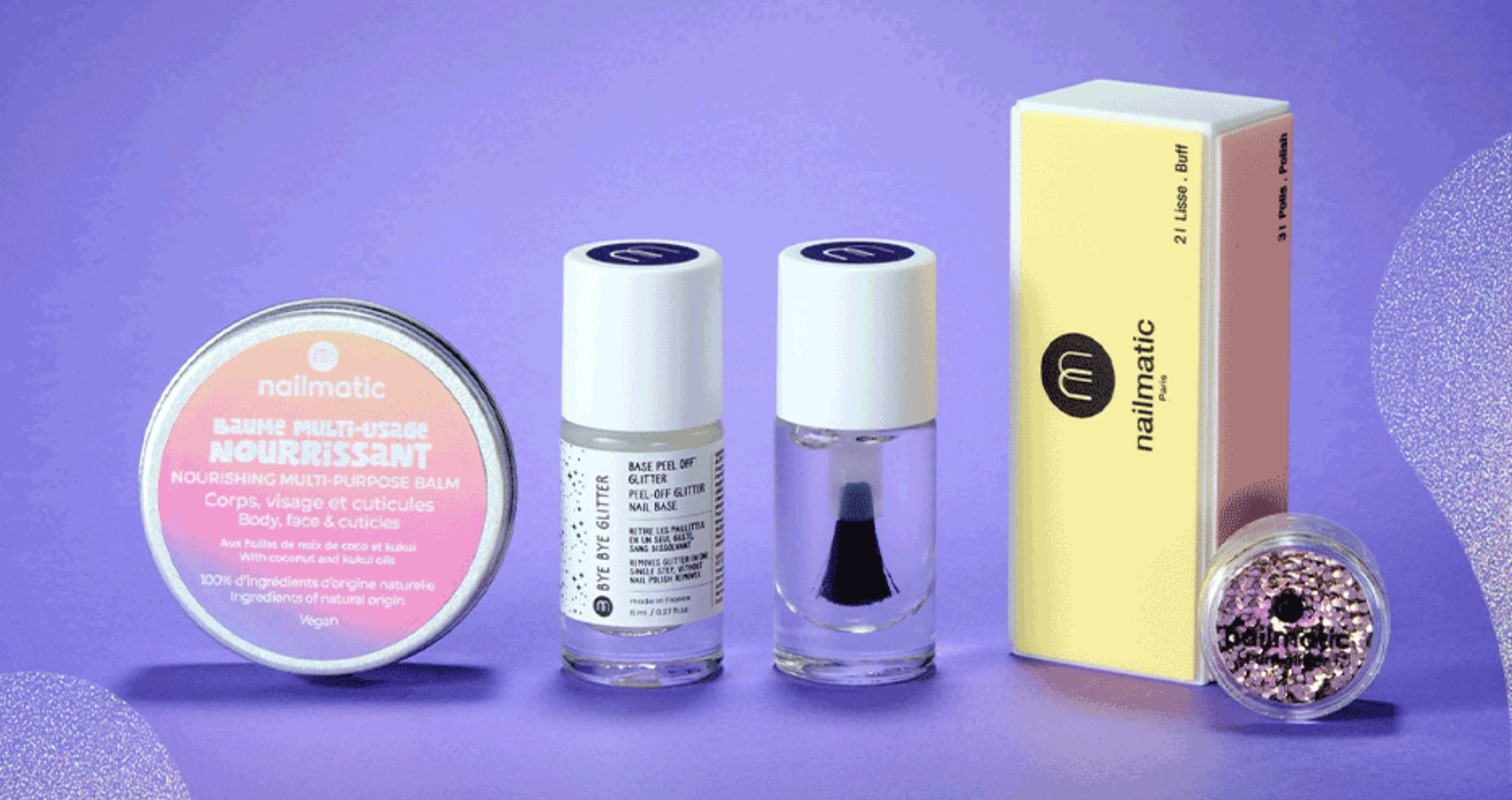 Coffret Nailmatic Glitter Gang base peel off top coat baume paillettes