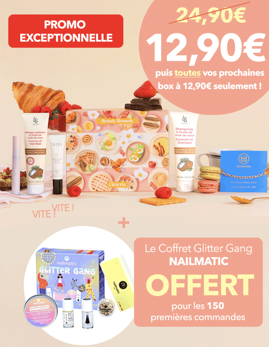 Glowria box Beauty Brunch 12,90 euros avec coffret Nailmatic Glitter Gang offert