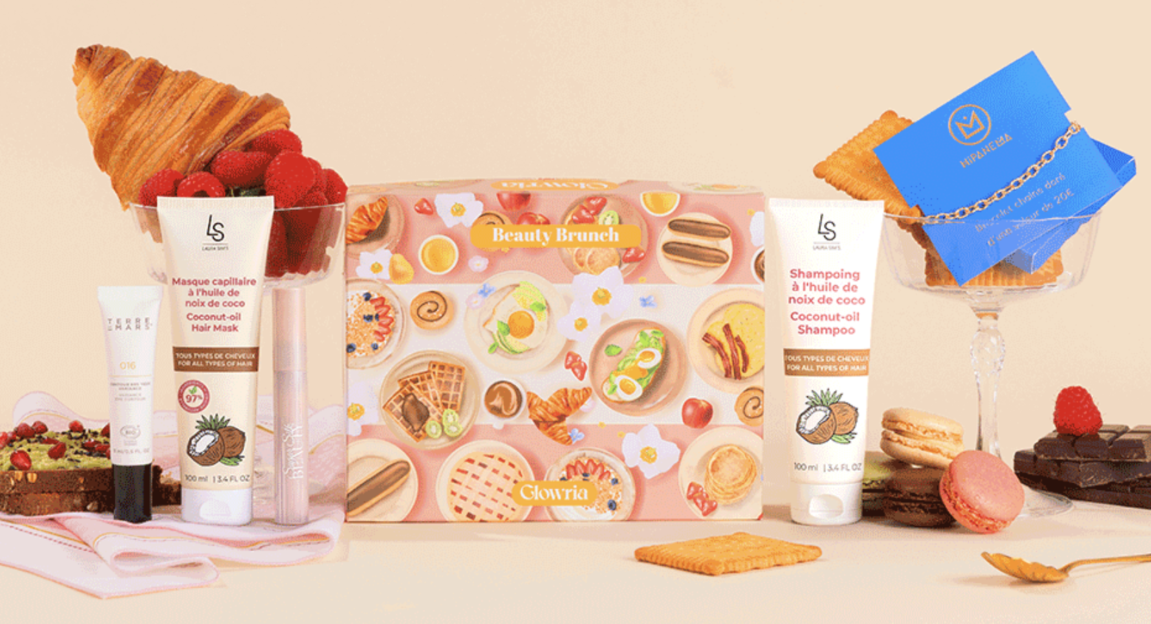 La box Beauty Brunch Glowria avec les 5 produits et le bracelet Hipanema
