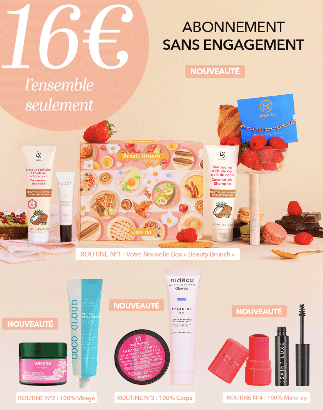 Glowria méga offre 4 routines beauté 11 produits pour 16€ sans engagement