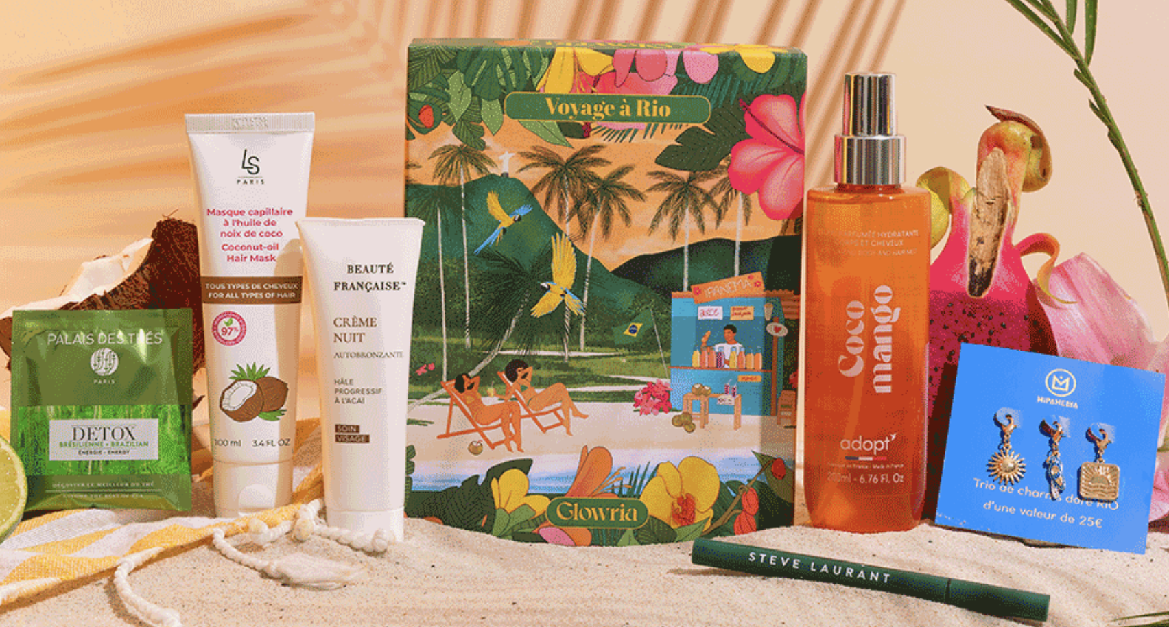 Box Glowria Voyage a Rio 6 produits Adopt Coco Mango Hipanema Steve Laurant Palais des Thes Laura Sims Beaute Francaise