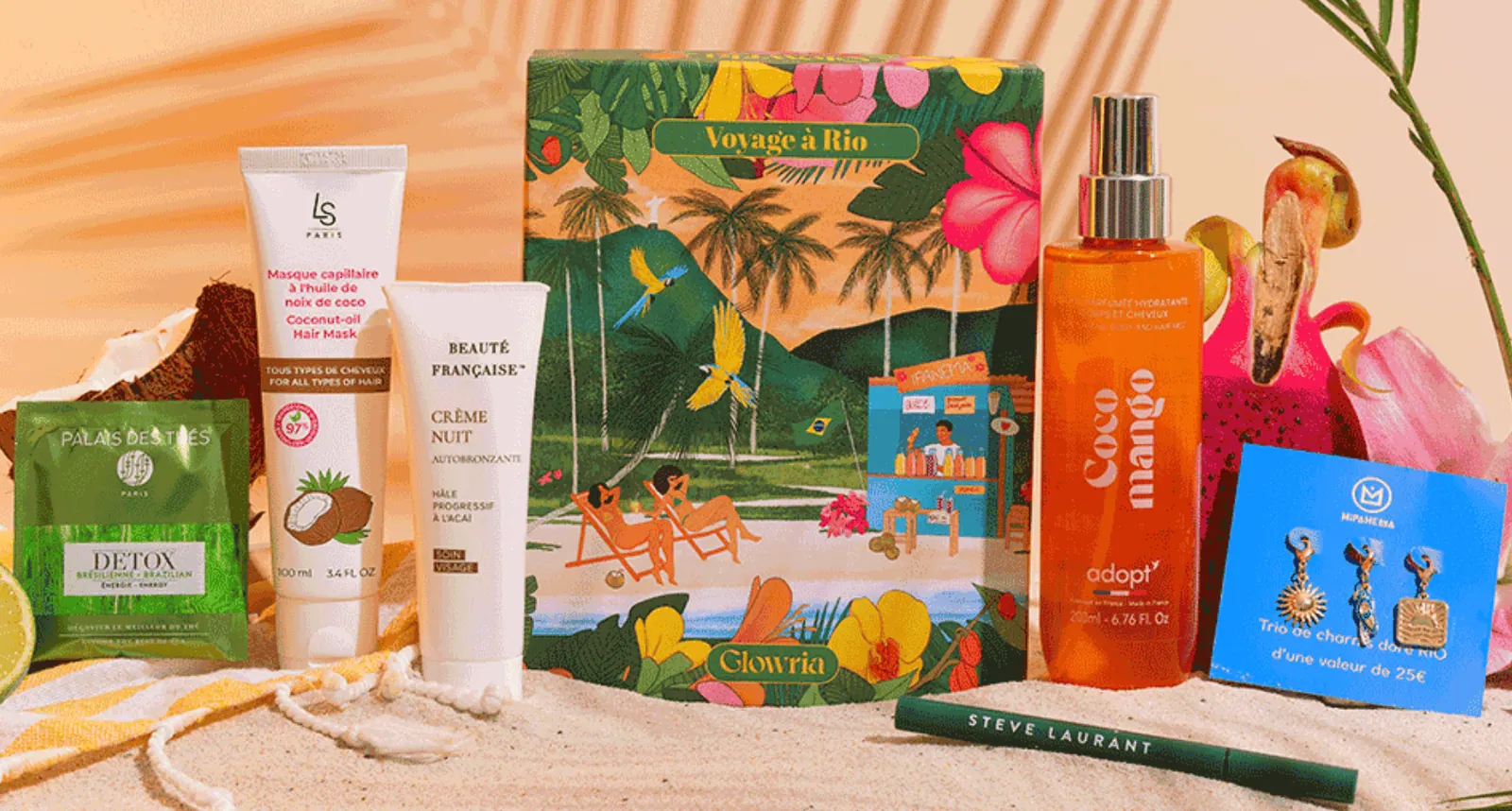 Box Glowria Voyage a Rio 6 produits Adopt Coco Mango Hipanema Steve Laurant Palais des Thes Laura Sims Beaute Francaise