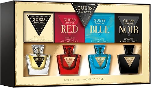 Coffret doré GUESS Seductive avec quatre miniatures Original, Red, Blue et Noir de 7,5 ml