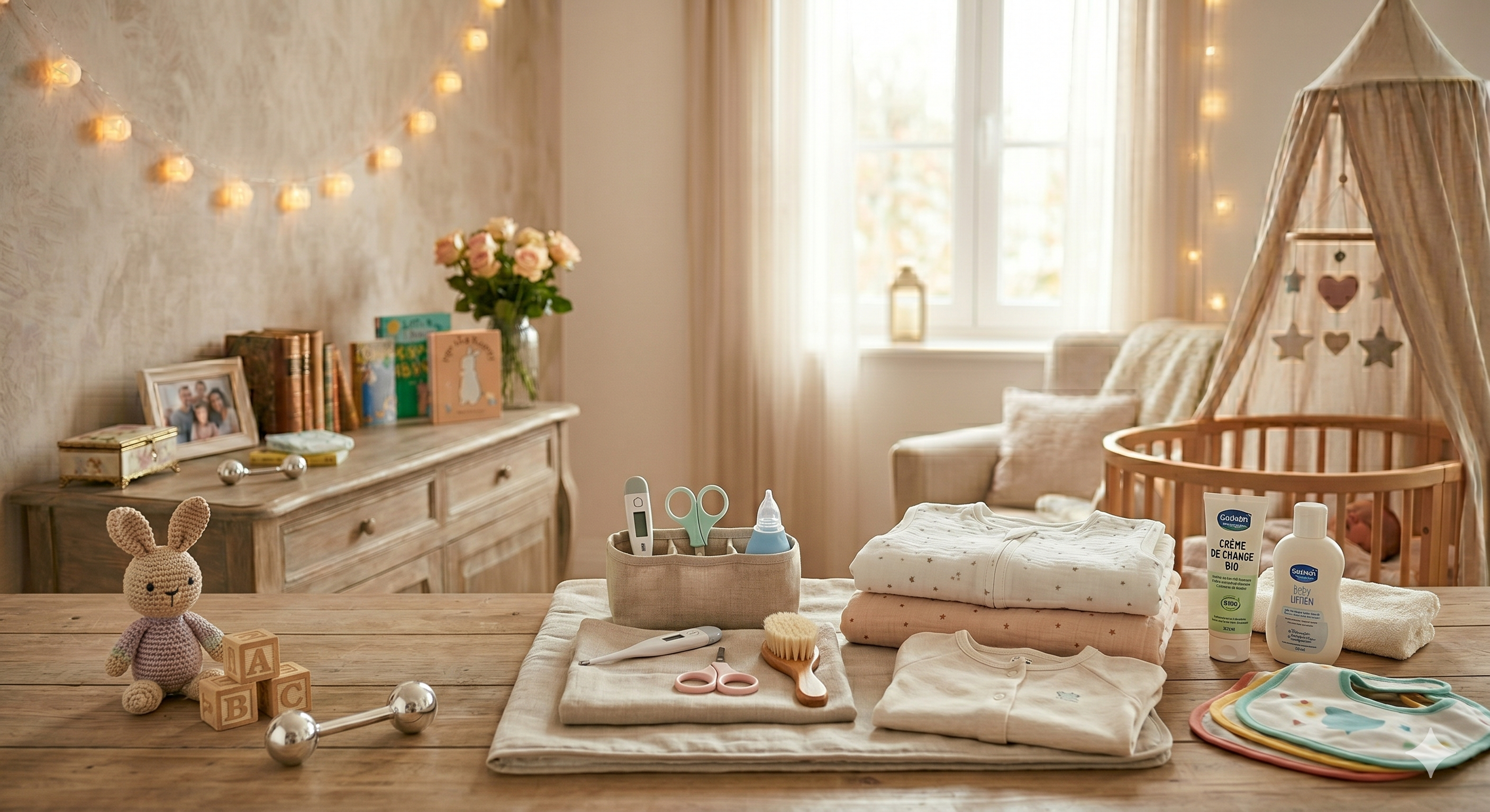 Trousse de toilette bébé avec accessoires de soins posés dans une chambre cosy