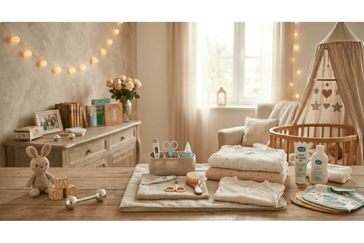 Trousse de toilette bébé avec accessoires de soins posés dans une chambre cosy