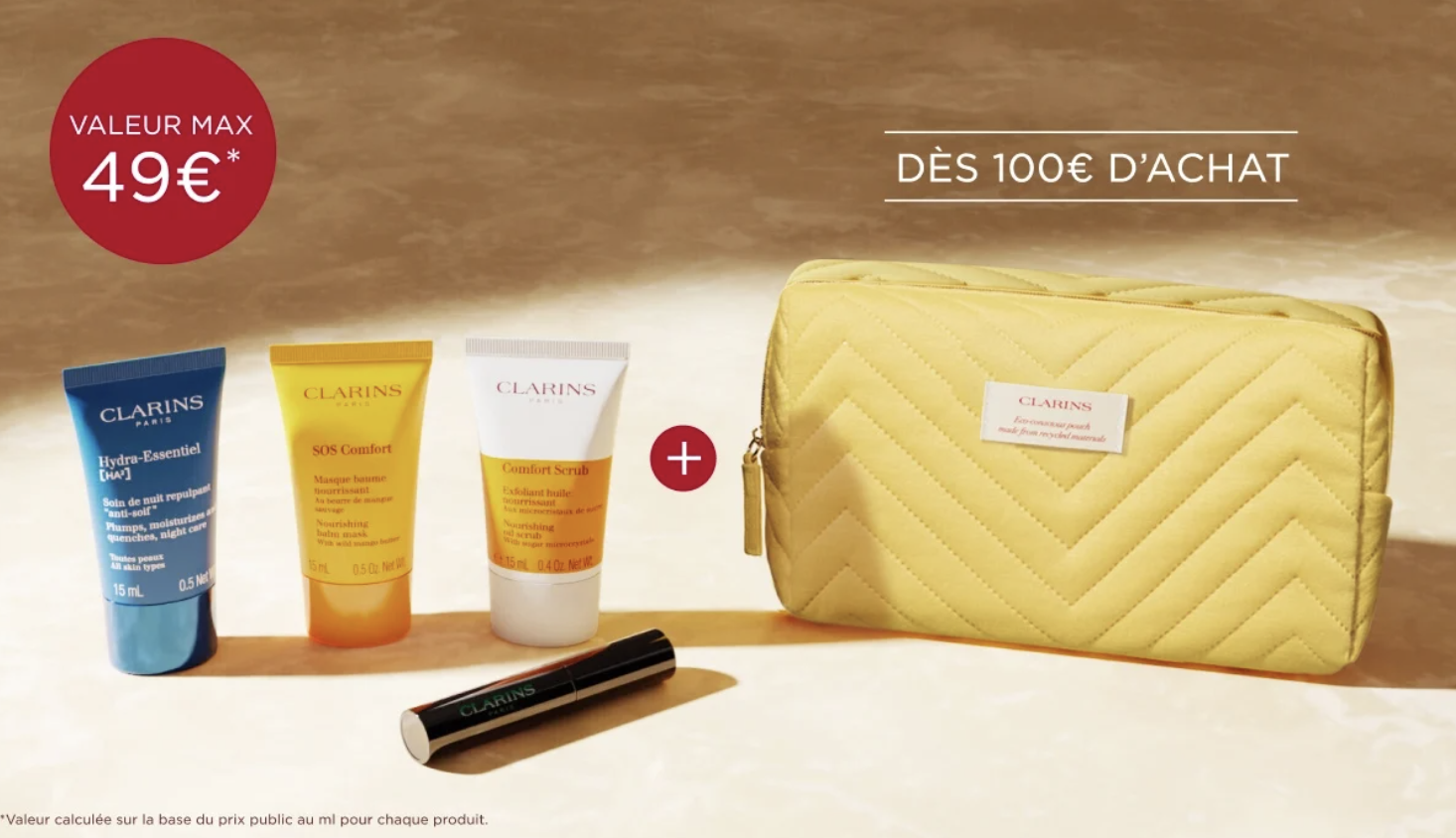Clarins : dès 100€ d'achat, 4 essentiels + trousse offerts (valeur max 49€)