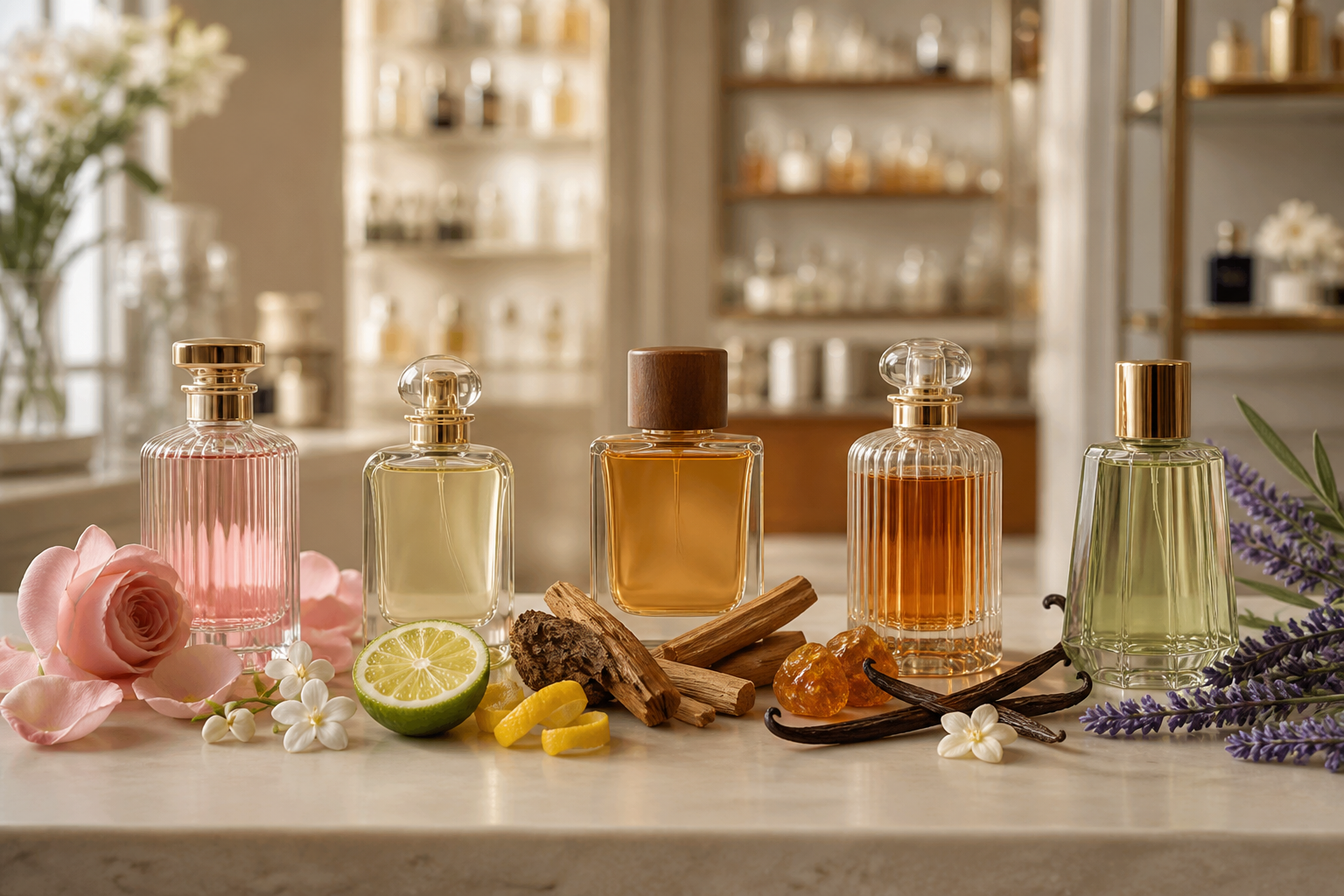 Flacons de parfum avec rose, agrumes, bois, vanille et lavande représentant les familles olfactives